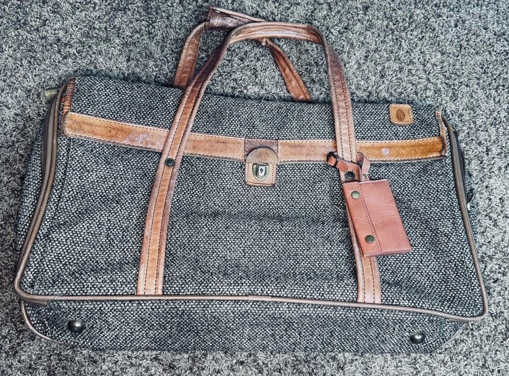 Vintage Hartmann Luggage Carry-On Bag 70s Tweed Leather Trimmed Travel Bag